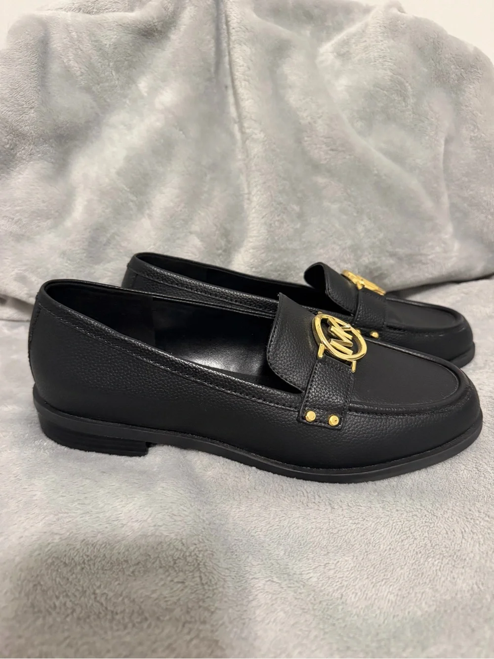 Michael Kors Black Leather Loafers with Gold MK Emblem